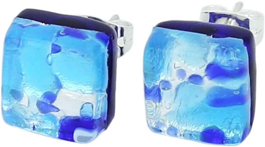 Glass Of Venice Murano Glass Venetian Reflections Square Stud Earrings - Aqua Blue