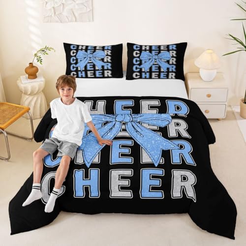Image of Feelyou Blue Cheer Bow Comforter Set All Season Glitter Cheerleader Bedding Set with 2 Pillow Cases Cheerleading Microfiber Kids Queen Bedclothes Sport Bedroom Decor Duvet Quilt Soft Lightweight