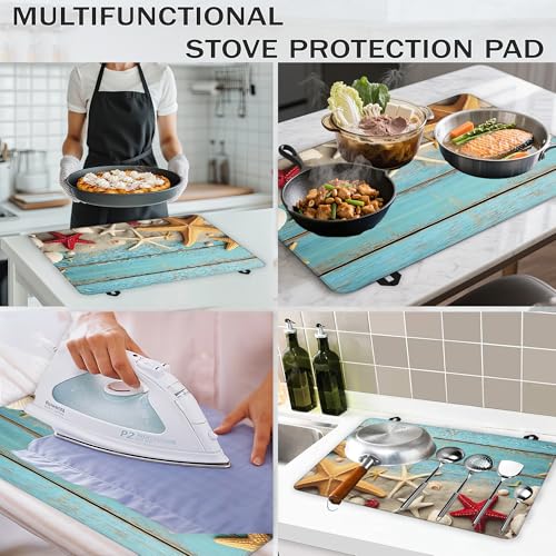 Image of Starfish Seashells Stove Top Covers for Electric Stove,Blue Wood Board Glass Top Stove Cover, Heat Resistant Range Covers for Electric Stove,Washable Countertop Mat, 28 x 20 Inch
