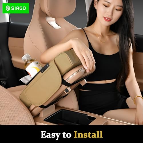 Image of SIAGO SIA399 Premium Car Armrest Cover | 5-in-1 Center Console Organizer with Cup Holder, Phone Slot, & Storage Bags | Anti-Slip PU Leather Cushion for Sedans & SUVs (Beige)