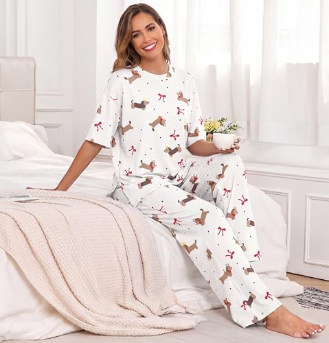 Image of PrinStory Womens Pajamas Sets 2 Piece Lounge Set Short Sleeve Tops and Long Pants Soft Pjs Loungewear with Pockets