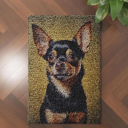 Image of Little Black Chihuahua Dog Latch Hook Rug Kit for Adults DIY Carpet Cushion with Printed Canvas Crochet Yarn Craft Hook and Latch Tapestry for Home Decor Pets Warm Pads 52x38cm