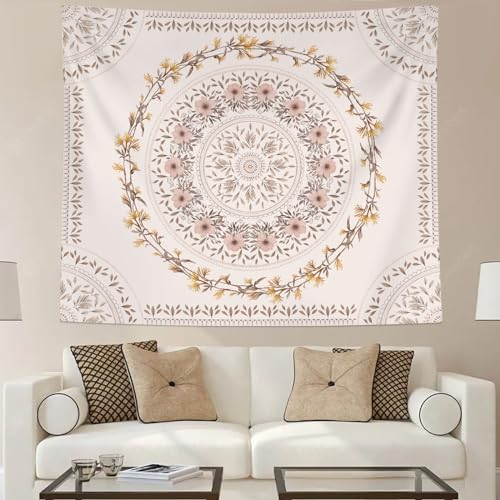 Lifeel White Pink Bohemian Tapestry Wall Hanging, Mandala Floral Medallion Hippie Tapestry With Light Brown Aesthetic Wreath Design thumb #6