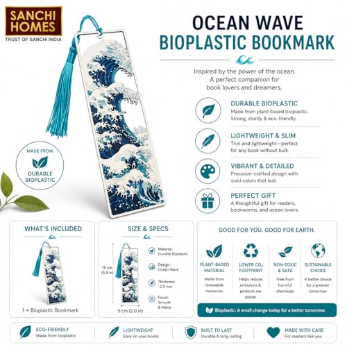Image of Great Wave Layered Bookmark | Inspired by Hokusai's Iconic Art, Ocean Blue with Tassel, 15 x 5 cm | Perfect for Gifting | for Readers and Book Lovers | Ecofriendly Bioplastic | Unique 3D Effect