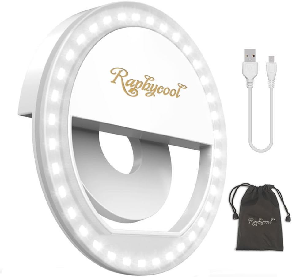 Raphycool Selfie Light Rechargeable Selfie Ring Light 36 Led Circle Light Clip on Cell Phone Compatible with iPhone iPad Samsung Galaxy Phone Photography Camera - White