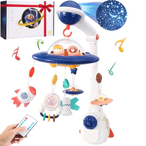 Ophy Movil Cuna Bebe, Móvil Musical de Cuna Bebé con Control Remoto,Proyector y Luz, Juguete de Cuna para Bebé, Regalo para Bebés para Niños y Niñas (Azul)