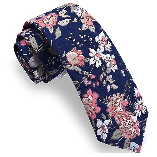 Image of GUSLESON Fashion 2.4 inch(6cm) Floral Skinny Tie for Men Slim Flower Print Cotton Necktie for Wedding Party