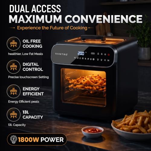 Image of VANTRO 13L Digital Air Fryer Oven | 1800W | Top Glass Viewing Window | 360 Rapid Air Technology | Rotisserie, Bake, Grill, Roast | LED Touch Control | 6 Accessories