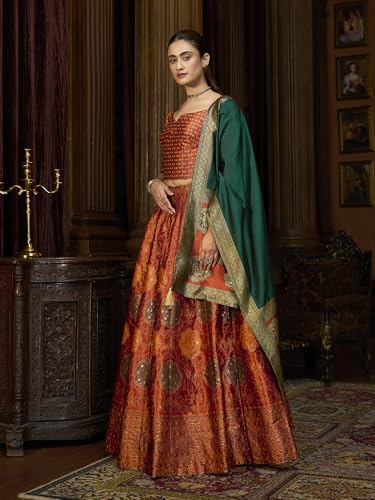 Image of PURVAJA Women's Kanjiwaram Semi-Stitched Lehenga choli