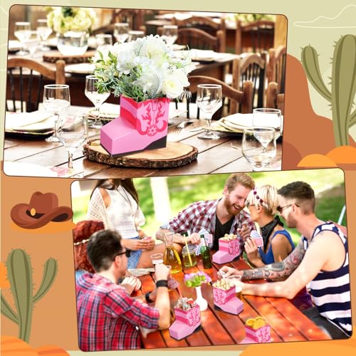 Image of Fullhawl 24 Pcs Cowboy Boots Paper Boxes Western Theme Party Decorations Favors Wild West Popcorn Boxes Boot Shape Bag for Cowboy Birthday Bachelorette Baby Shower Party Supplies(Pink)