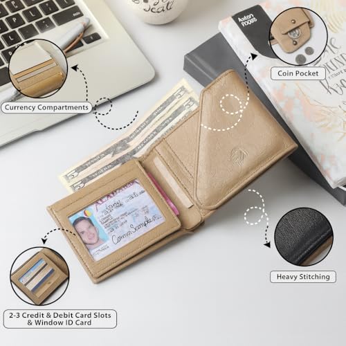 Image of VEMILIO Men's Vegan Leather Wallet for Men | Edge Cut Slim Bi-Fold Gents Purse | Stylish Wallet with Coin Pocket | 3 Card Slots | ID Window & 2 Currency Compartments (Beige)
