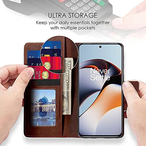 Image of WOW IMAGINE Shock Proof Flip Cover Back Case Cover for 1+ OnePlus 11R 5G (Flexible | Leather Finish | Card Pockets Wallet & Stand | Chestnut Brown)