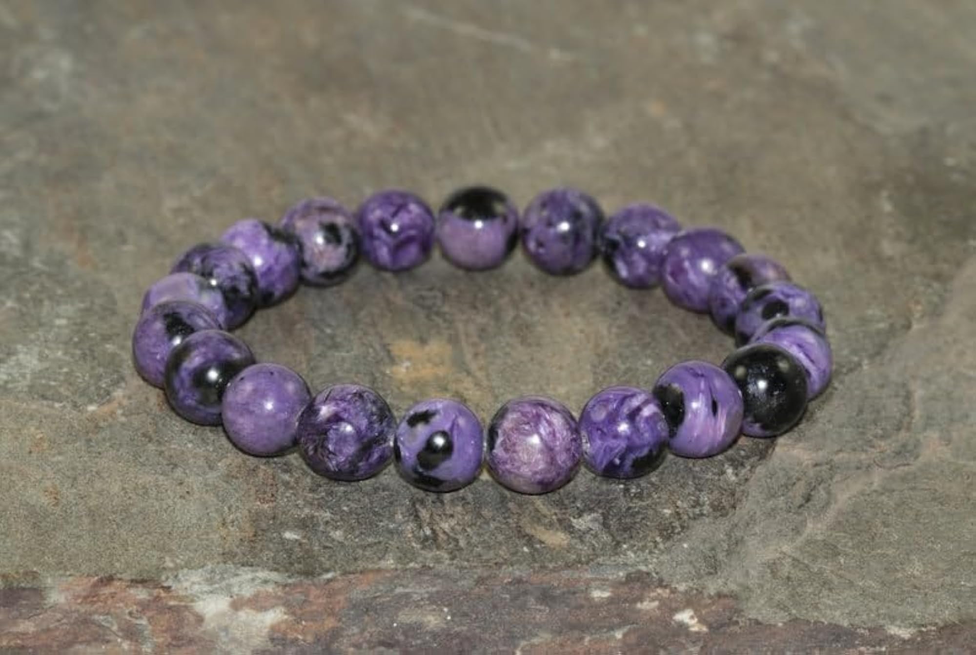 Natural Russian Charoite Round Shape Bead Stretchable Bracelet, Unisex