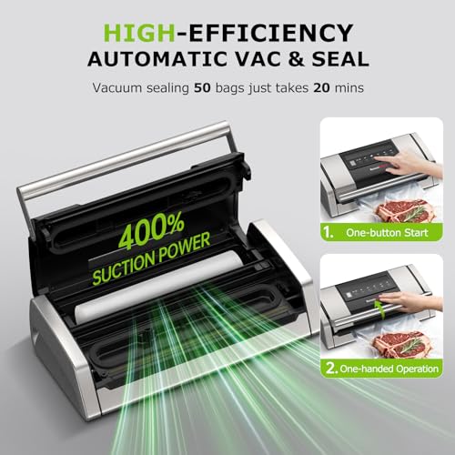 Image of Bonsenkitchen Vacuum Sealer for Food, Easy-Lock Handle Vacuum Sealer Machine with Bag Clip, Built-in Cutter and Bag Storage for Sous Vide and Meal Prep, 1 Roll Bag & 10 Pre-Cut Bags, Silver