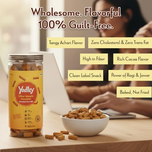 Image of Yodley Millet Masala Munchies - Tangy Achari Flavour - Pack Of 2 | Baked, Not Fried | No Maida, No Palm Oil | Zero Cholesterol | Zero Trans Fat & High In Fiber | Calcium & Iron Rich | Healthy Indian Snack - 150gm