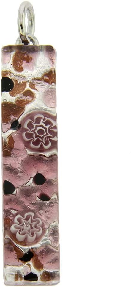 Glass Of Venice Murano Glass Venetian Reflections Stick Rectangular Pendant Silver Purple Millefiori Flowers - Handcrafted Venetian Jewelry Made in Italy