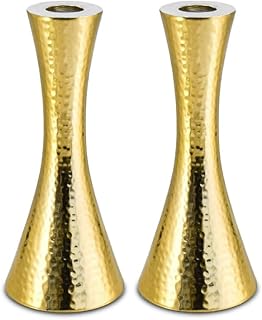 Zion Judaica Shabbos Candle Holder Set of 2 Modern Gold Hammered Metal Candlesticks Fits Thick Tapered Candles 7/8" and Shabbat Candles Passover Seder Decorative Candleholders Set