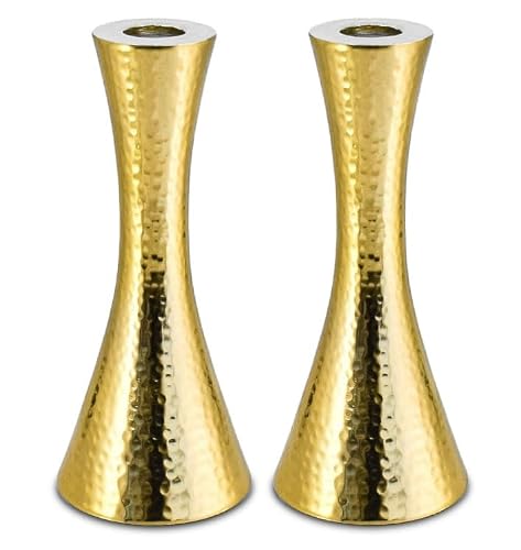Zion Judaica Shabbos Candle Holder Set of 2 Modern Gold Hammered Metal Candlesticks Fits Thick Tapered Candles 7/8" and Shabbat Candles Passover Seder Decorative Candleholders Set