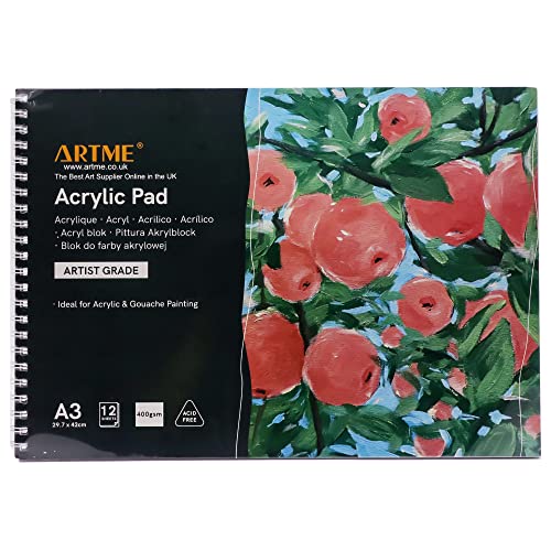 ARTME A3 Acrylic Pad Landscape, 12 Sheets/ 400gsm Extra Heavyweight/Cold Pressed/Acid Free, Premium Quality Drawing Pad Acrylic and Gouache (A3 1pk)