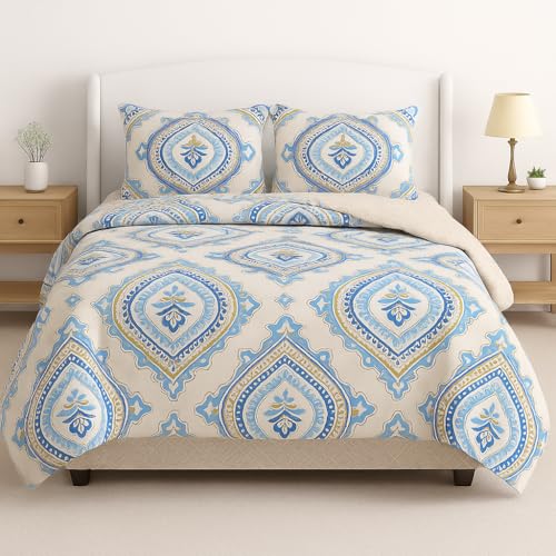 Image of Signature Reversible Super Soft Double Bed Comforter /Quilt Set 350 GSM - 88x90 inches | King Size Fitted Elastic Bed Sheet with 2 Pillow Covers | All-Season Ultra Cozy Bedding Set (Azure Royal)