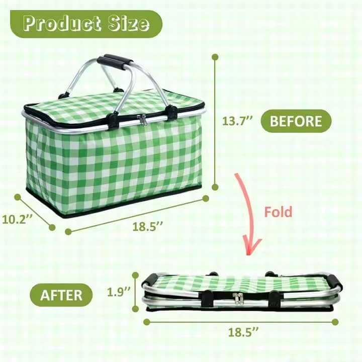 insulated picnic basket cooler bag with leak-proof liner, 26l large capacity for 12 adults, picnic basket with sturdy handles for outdoor activities, travel, beach, camping (green)