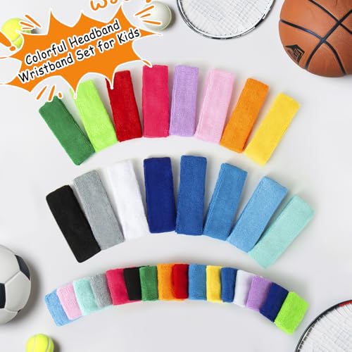 Image of 48PCS Neon Sweatbands, Colorful Sport Headband Wristband Set for Kids, Breathable Terry Cloth Athletic Sweat Bands for Basketball Tennis Running Football, Multicolor