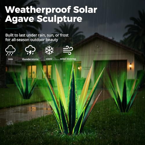 Image of KODIBO 24 inch Metal Agave Plant Outdoor Decor with Solar Light, Vintage Green