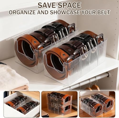 Image of 2 Pack Acrylic Belt Organizer - with Adjustable 4 Compartments & Stackable Design, Clear Storage for Closet and Drawer Organization, Display Case Pantry Cabinet Organizers for Ties,Socks