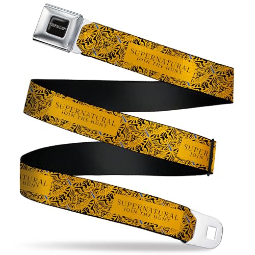 Supernatural Belt, Seatbelt Buckle Belt, Supernatural Join the Hunt Logo and Castiel Wings Yellow, Youth 20 to 36 Inches