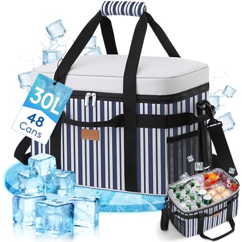 Lifewit Torba Termiczna 30L, Duża Torba na Lunch Izolowana, Lunch Box Dla Kobiet Mężczyzn, Cooler Bag Przenośna z Wieloma Uchwytami na Piknik Camping Grill, Niebiesko-szare Paski
