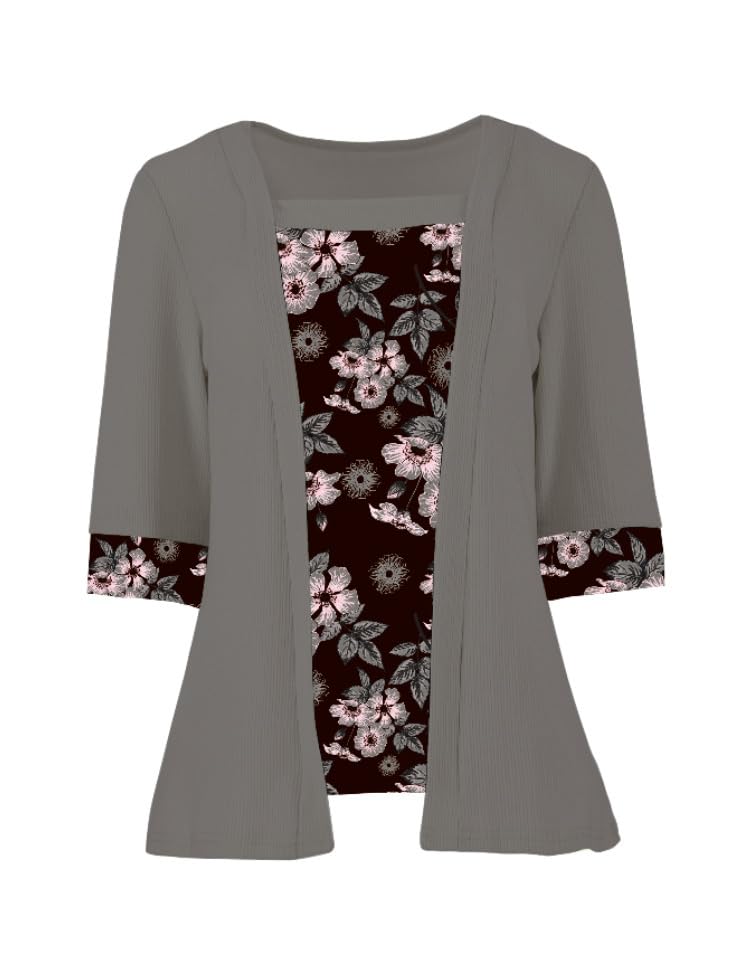 Women's Casual Floral Print Patchwork Square Collar Fake Two Piece T Shirt Summer Loose Half Sleeve Tunic Blouses Tops3