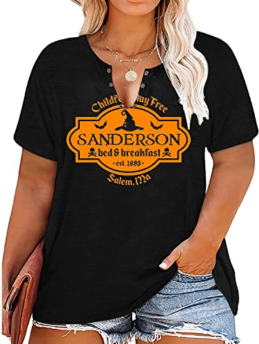 Plus Size Halloween V-Neck T-Shirt Women Sanderson Witch Museum Graphic Tees Hocus Pocus Short Sleeve Shirts Tops