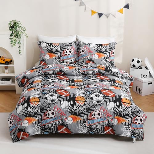 Image of Yibeizi Grey Sports Comforter Set for Boys Twin Baseball Bedding