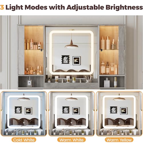 Image of BORNOON Vanity Desk with Mirror and Lights, Makeup Vanity with 7 Drawers, 2 Glass Door Cabinets, Charging Station, Adjustable Shelves, RGB Lighting, Holder