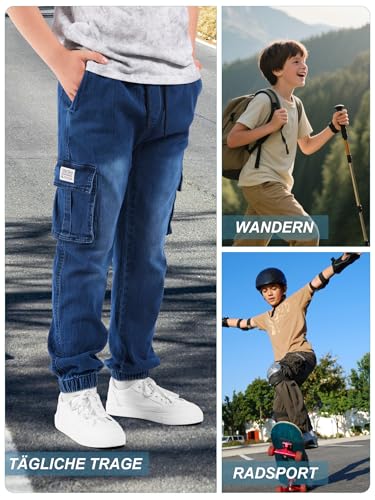 NATUST Jungen Cargohose Kinder Freizeithose Jogginghose Jungs Cargo Jeans mit Elastischem Bund Blau 128-134 (Herstellergröße: 130)