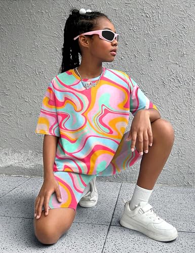 Image of Teen Girls Clothes 2 Piece Colored Tie Dyer Girls Summer Outfits Short Sleeve Fashion Printed T-Shirt and Pants