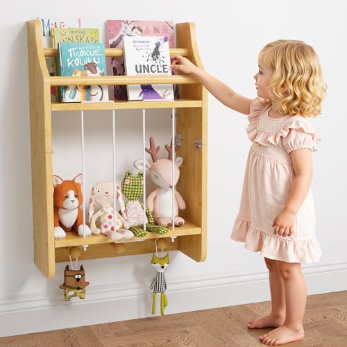EZ2LIVE Wall-Mounted Kids Bookshelf, 2-Tier Bamboo Floating Nursery Book Shelf, Picture Ledge Shelf for Wall Decor and Storage, Hanging Toy Shelf Organizer for Baby Rooms Playroom Bedroom
