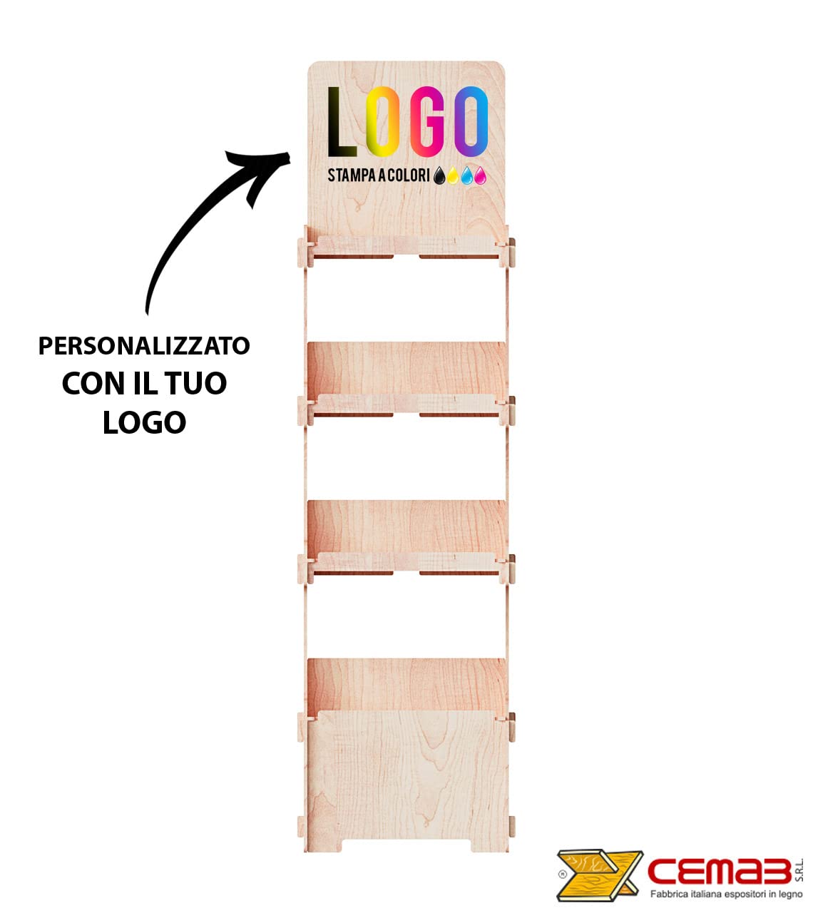 Cemab-Espositore in legno, Ecologico, Tokyo 4 piani (largh. 45 cm + stampa del tuo logo)-montaggio facile ad incastro.