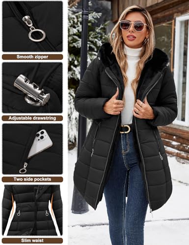 Uikue Women's Long Black Puffer Coat – Stylish, Warm Fleece-Lined Jacket for Winter Adventures (Size Small) - Image 3