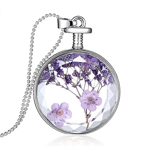 Stayoung Collar con colgante de flores secas de lavanda, cristal transparente, cadena larga de cuentas, color plateado