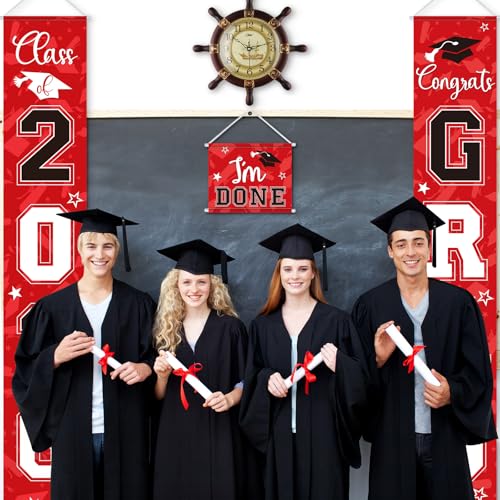 Image of Moukeren 3 Pieces 2026 Graduation Party Decorations Graduation Porch Sign Class of 2026 Grad Hanging Porch Banner Backdrop Door Sign for Grad Party Home Door Wall Decor(Red and Black)