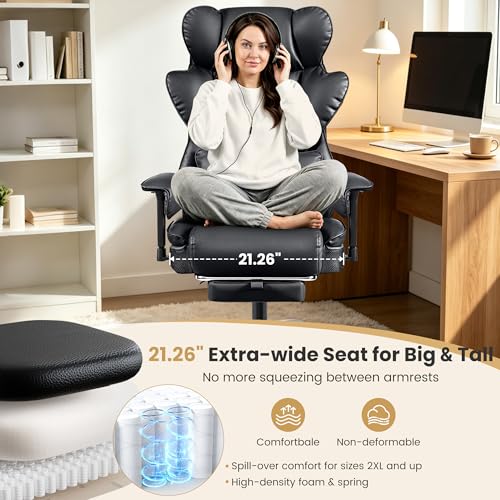 Image of Big & Tall Office Chair, Ergonomic High Back with Footrest Black | 400 LBS Heavy Duty Steel Frame for Plus-Size Users, 23.6 inch Wide Cushioned Seat, 165 Recline, Ajustable Arms, Lumbar Support