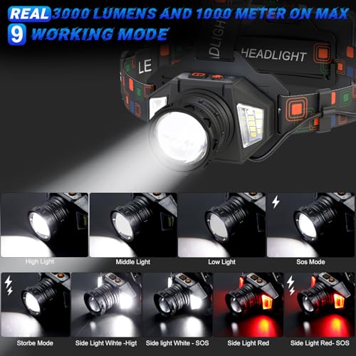 Linterna frontal potente LED con sensor y 9 modos de luz recargable ajustable a 90 grados 3
