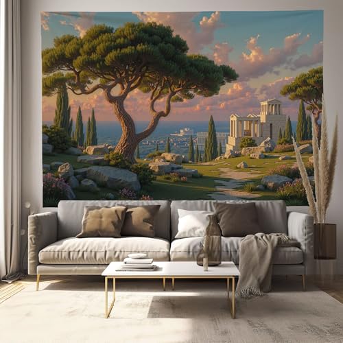 Tapiz de pared 230x150cm verde oliva con diseño de bosque retro en 3D para salón