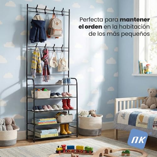 Miniatura 5 de Nk Perchero Con Zapatero Para Recibidor 170x60x26 Cm, 8 Colgadores, 5 Niveles Para Calzado, Estructura De Hierro Y Pp, Color Negro, Diseño Estrecho, Montaje Fácil