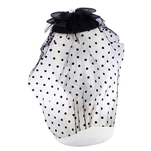 LUX ACCESSORIES Black Bow Net White Pearl Polka Dot 80's Inspired Vintage Bridal Veil2