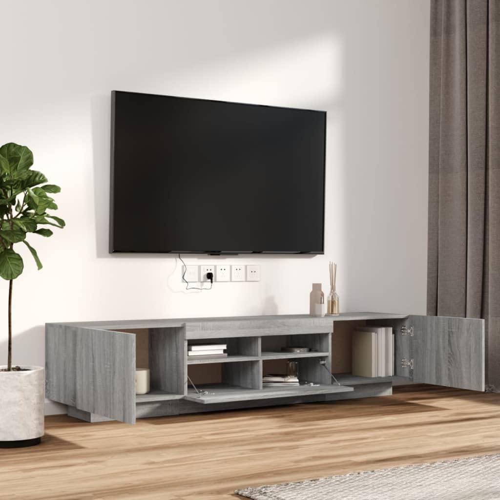 Zestaw 2 szafek RTV z oświetleniem LED RGB, szary dąb sonoma, mebel pod telewizor z podświetleniem i dużą przestrzenią do przechowywania, materiał drewnopochodny odporny