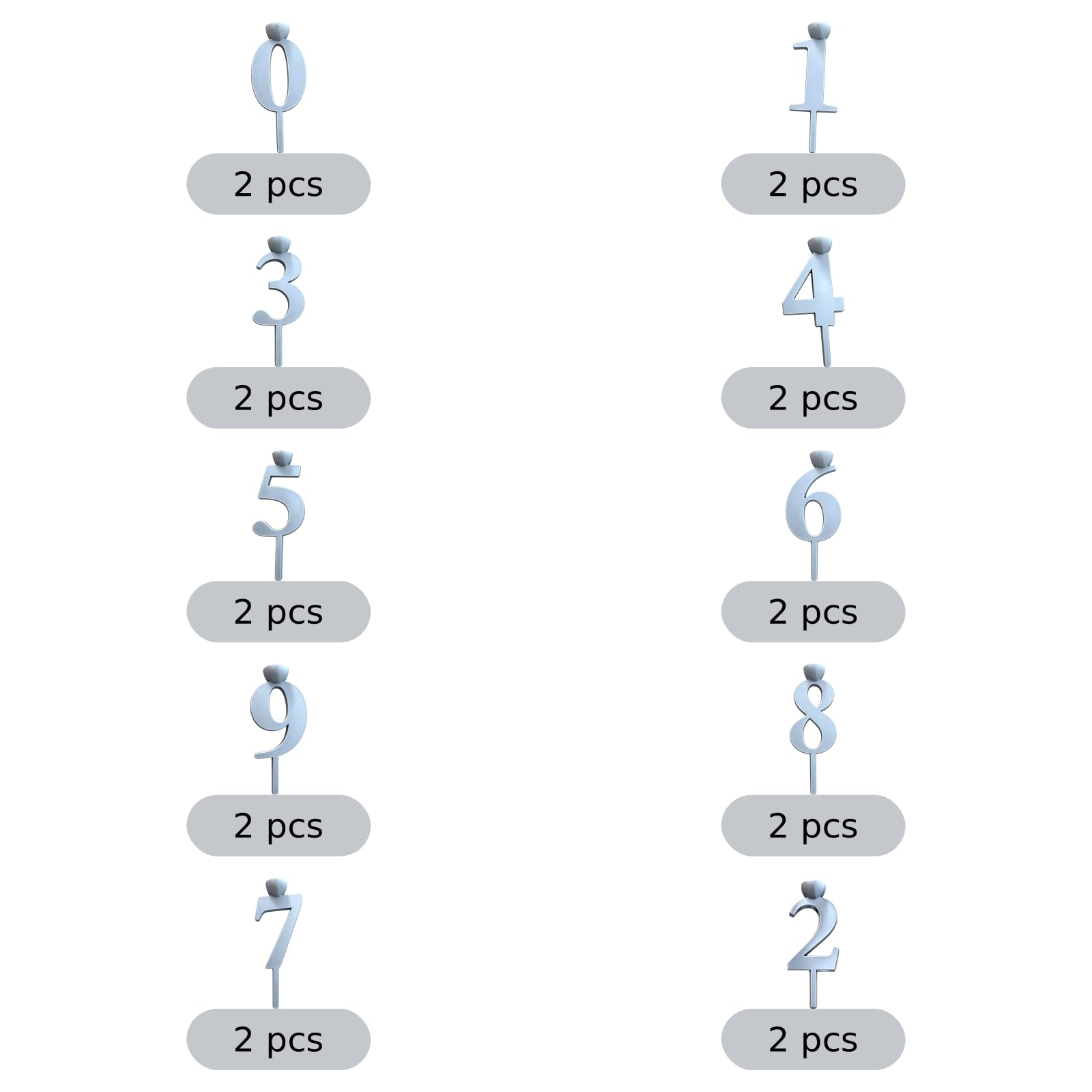 Lot de 20 porte-bougies numériques d'anniversaire, 2 jeux de chiffres de 0 à 9 réutilisables, topper argenté à texture mate, support pour bougies, fête d'anniversaire, célébrations marquantes, gris