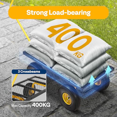 VIVOHOME Hand Trolley 400kg Capacity Durable Transport Cart with 10cm Pneumatic Tires and 180° Rotatable 80cm Handle Heavy Duty Metal Grids for Garden and Camping