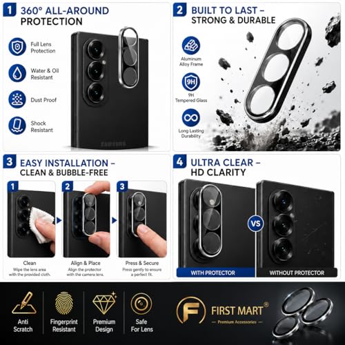 Image of FIRST MART Tempered Glass for Samsung Galaxy Z Fold 6 with Black Camera Lens Protector & Installation Kit | HD Clear, Edge-to-Edge, Scratch Resistant, Case-Friendly | Pack of 1